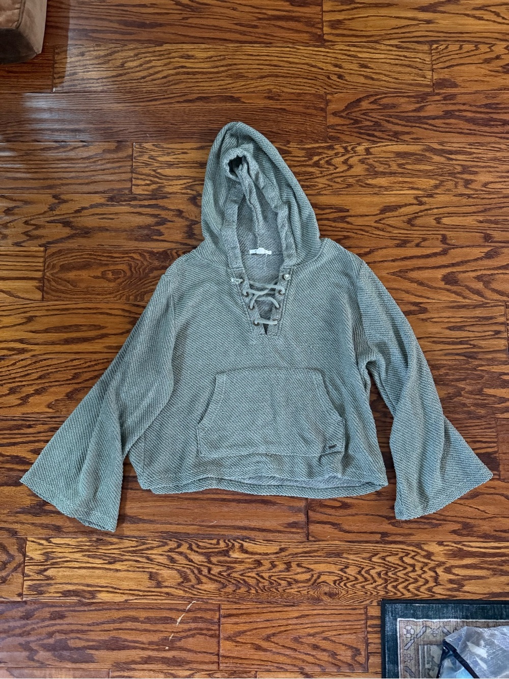 O’Neill Women’s Olive Green Hooded Lace-Up Waffle Knit Top Size Large